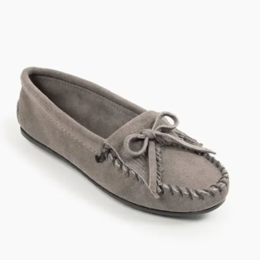 Minnetonka Grey Kilty Hardsole Suede Moccasins